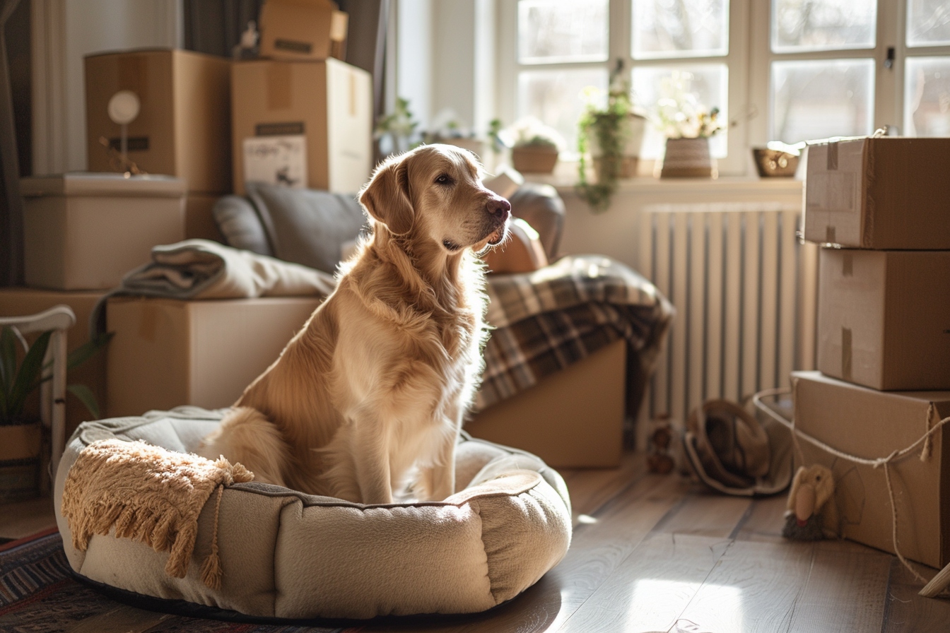 Vieux chien heureux se reposant dans sa nouvelle maison à Villeneuve d'Ascq après un déménagement fluide