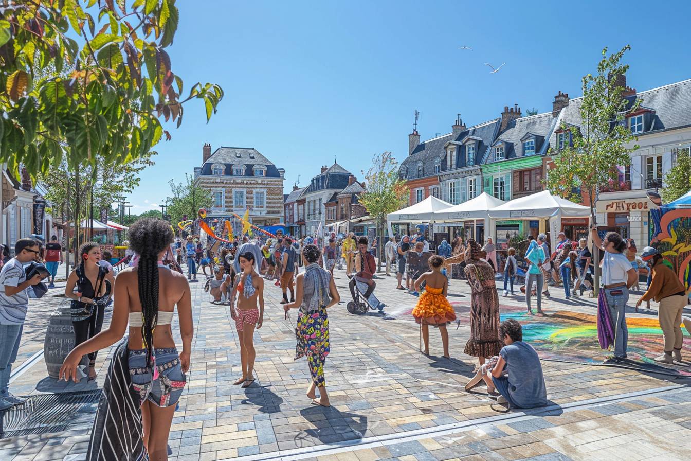 Alt d'image : "Vue panoramique vibrant de vie culturelle à Villeneuve d'Ascq avec visiteurs explorant des sites historiques et artistiques locaux.